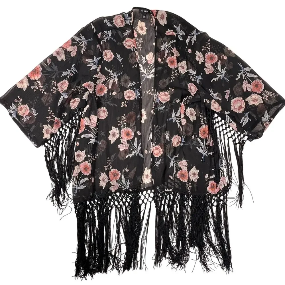 Torrid Fringe Kimono 3/4 Plus Size Sheer Floral Boho Shawl Wrap Festival Wedding - Picture 3 of 13